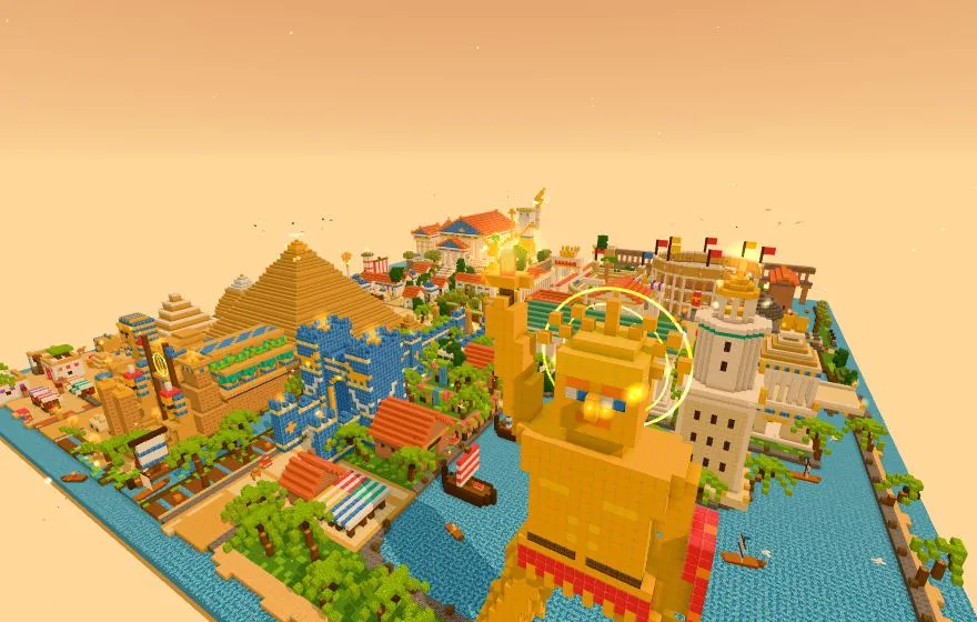Ancient Wonders: pyramids, the Parthenon and the Colosseum around a harbour