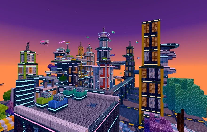 Neon Heights: a vertical sci-fi town of sky towers and hover cars
